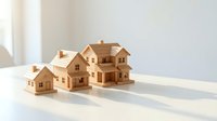 Wooden miniature house models arranged on a white surface, symbolizing real estate, property investment, and family housing concepts.