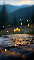 Yellow wildflower floating above wet stone surface at dusk, with glowing bokeh lights and mountain silhouettes in background creating magical atmosphere.