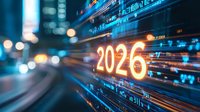 Glowing 2026 number with futuristic digital data streams and light trails in blue tech background, representing future technology concept.