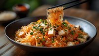 Glass noodles with tofu and vegetables in spicy Asian sauce, garnished with green onions and sesame seeds, chopsticks lifting steaming noodles from bowl.