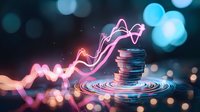 Stack of coins with glowing pink and blue neon light trails swirling around them against dark background with bokeh effect, representing financial growth and investment.