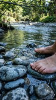 Bare feet stepping into clear mountain stream with smooth river rocks and flowing water surrounded by lush green forest creating peaceful nature connection.
