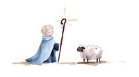 Gentle watercolor illustration of young shepherd in blue cloak with wooden staff standing near small white sheep on minimalist background.