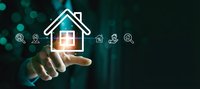 Smart home technology concept with hand touching house icon and connected device symbols on dark background with bokeh lights for digital automation.