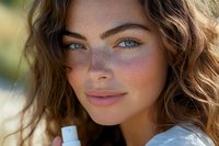 Young woman with freckles and wavy brown hair smiling outdoors in natural sunlight for beauty and skincare campaigns.