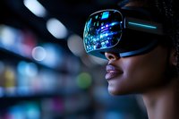 Young African American woman wearing futuristic virtual reality headset with blue neon reflections against dark background with bokeh lights.