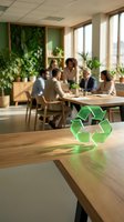 Green recycling symbol on wooden table in eco-friendly office with business team meeting and plants creating sustainable workplace environment.