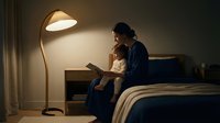 Father reading bedtime story to young daughter in cozy bedroom with warm lamp light creating intimate family bonding moment for parenting content.