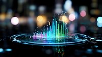 Futuristic holographic data visualization with glowing charts and graphs emerging from circular platform against blurred city lights background for tech presentations.
