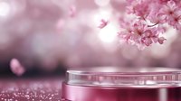 Pink cherry blossom cosmetic product display with glass jar on reflective surface and soft bokeh background for spring beauty campaigns.