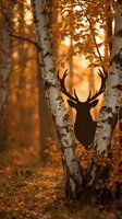 Deer silhouette between birch trees in golden autumn forest with warm sunlight filtering through orange foliage creating magical woodland atmosphere.