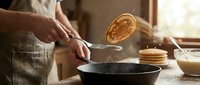 Person flipping golden pancake in cast iron skillet during morning cooking session with warm sunlight streaming through kitchen window.