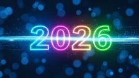 Colorful neon 2026 numbers glowing with electric light effects on dark blue bokeh background for New Year celebration and future concepts.