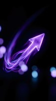 Glowing purple arrow with flowing energy trails and bokeh lights on black background for business growth and success concepts.