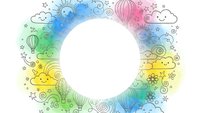 Colorful watercolor rainbow circle frame with whimsical doodle elements including clouds, stars, hot air balloons and swirls on white background.