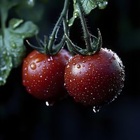 Fresh ripe tomatoes with water drops on dark background, macro photography showing detailed texture of wet vegetables on vine.