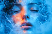 Ethereal female face surrounded by swirling blue smoke with glowing orange accents, closed eyes and serene expression creating mystical atmospheric mood.