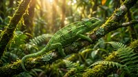 Green chameleon resting on moss-covered branch in tropical rainforest with golden sunlight filtering through lush ferns and foliage creating natural habitat scene.