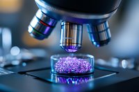 Modern microscope lens examining purple glowing specimen in petri dish against blurred laboratory background, showcasing advanced scientific research technology.