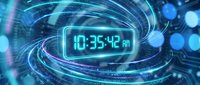 Digital clock displaying time surrounded by swirling blue energy streams and glowing particles in futuristic cyber space for technology concepts.