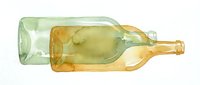 Watercolor wine bottle in green and amber tones on white background, isolated for design projects and creative applications.