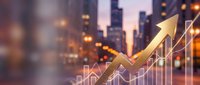 Financial growth chart with golden arrow trending upward against blurred city skyline at dusk. Business success and economic progress visualization for presentations.