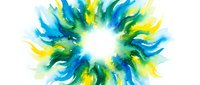 Vibrant watercolor burst in blue, green, and yellow radiating from white center, isolated on transparent background for design projects.