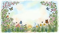 Spring garden border frame with blooming flowers, butterflies, birds and green foliage on soft pastel background for seasonal greeting cards and decorations.