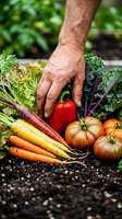 Farmer's hand harvesting fresh red bell pepper surrounded by colorful organic vegetables including carrots, tomatoes, and leafy greens in garden soil.
