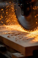 Circular saw blade cutting through wood with dramatic shower of golden sparks and sawdust in close-up view, highlighting industrial craftsmanship and woodworking process.