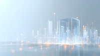 Futuristic digital city skyline with glowing data streams and light effects reflecting on water surface for technology and innovation concepts.