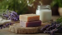 Natural handmade soap bars with lavender flowers and milk jar on rustic wooden slice, aromatic spa composition in soft morning light for wellness and skincare.