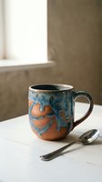 Handmade ceramic mug with blue and orange glazed finish sits on marble surface with spoon beside window for morning coffee or tea rituals.