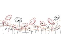 Minimalist line art poppies border with delicate stems and buds on white background for elegant design projects and botanical decorations.