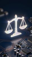 Glowing scales of justice symbol floating above computer circuit board representing digital law, legal technology, cyber regulations and electronic justice systems.