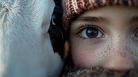 Close-up portrait showing brown eye with freckles and white horse face in soft focus, creating intimate emotional connection. Artistic winter photography.