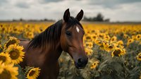 Dark brown horse standing in blooming sunflower field during daytime. Suitable for equestrian, agriculture, nature, and lifestyle design projects.