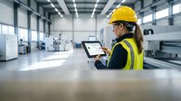 Female engineer in yellow safety helmet and reflective vest using tablet in modern industrial manufacturing facility with machinery and equipment.