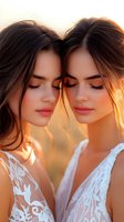 Two young women with closed eyes touching foreheads in intimate moment during golden hour sunset light wearing white lace tops for romantic friendship concept.