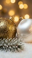 Festive holiday ornaments with gold glitter and white pearl finishes arranged on snow-covered evergreen branches with warm bokeh lights, perfect for seasonal greeting cards and holiday marketing materials.