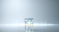 Glass jar with glowing light inside positioned on reflective surface with sound wave visualization passing through, representing audio technology and energy concepts.