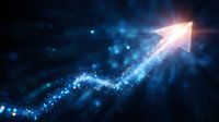 Glowing blue arrow chart line moving upward with sparkles and light effects on dark background, representing business growth and success trends.
