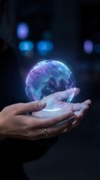 Hands holding a glowing digital earth hologram with blue and purple light, symbolizing global technology, connectivity, and innovation.