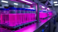 Laboratory test tubes filled with bright pink liquid glowing under purple LED lights on modern research facility shelf, scientific experiment setup.
