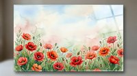 Watercolor poppy field with vibrant red flowers and soft pastel sky, framed art print on wall for home decor and interior design.