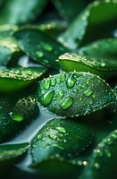 Fresh green leaves covered with morning dew drops in macro photography, creating natural pattern with water beads and bokeh light effects.