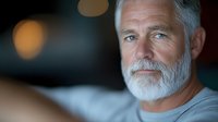 Mature Caucasian man with gray beard and thoughtful expression in soft evening lighting, wearing casual gray shirt, looking away pensively against blurred background.