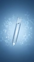 Glass test tube with clear liquid floating on blue background with molecular structures for science and medicine concepts.