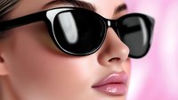 Close up portrait of young woman wearing black sunglasses against pink background, showing glossy pink lips and flawless skin. Fashion and beauty concept.