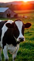 Holstein dairy cow standing in green pasture at golden hour sunset with red barn and rolling hills in background for agriculture and farming concepts.